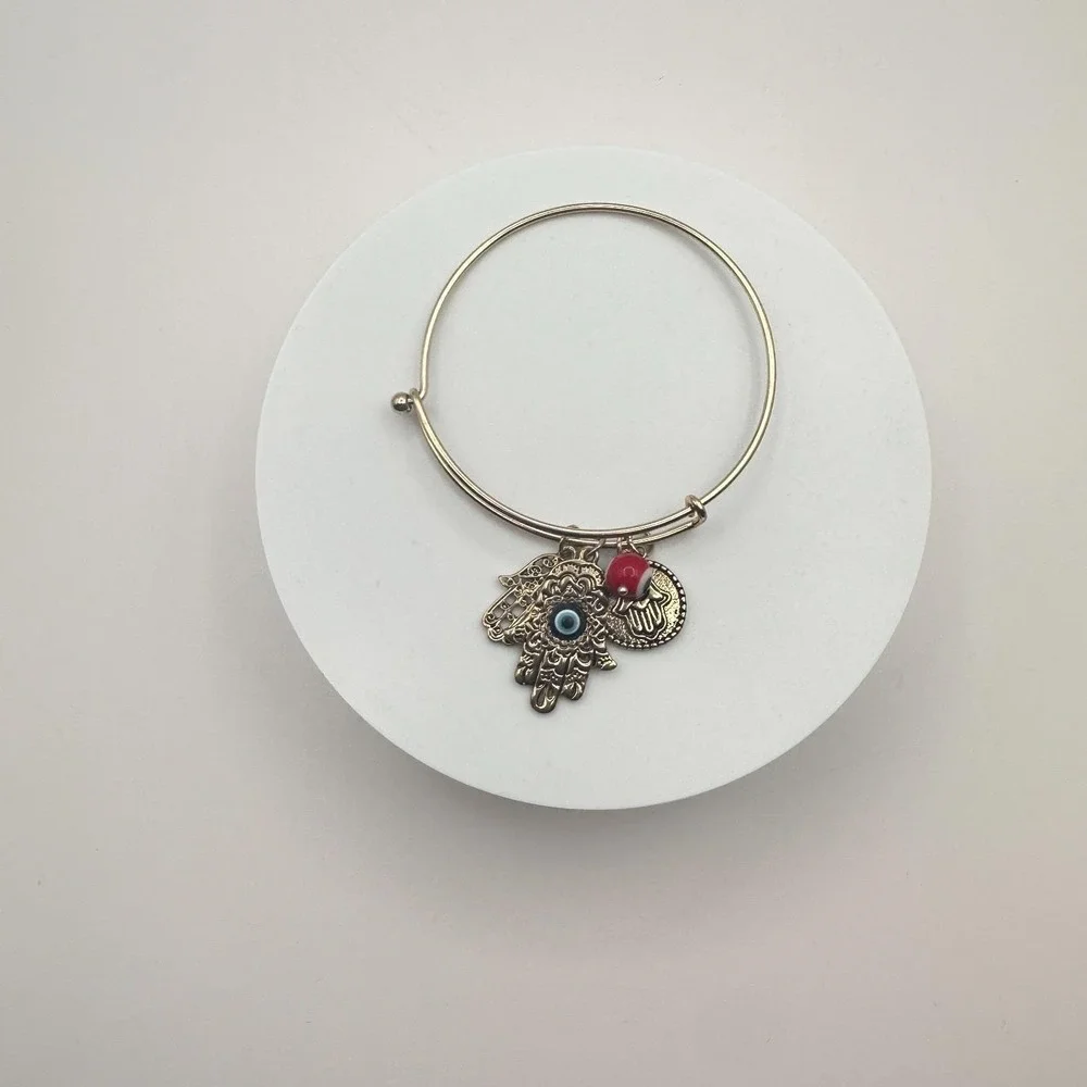 Vintage 90s Gold Tone Hamsa‎ Hand Evil Eye Charm Bangle Bracelet Glass Bead Boho